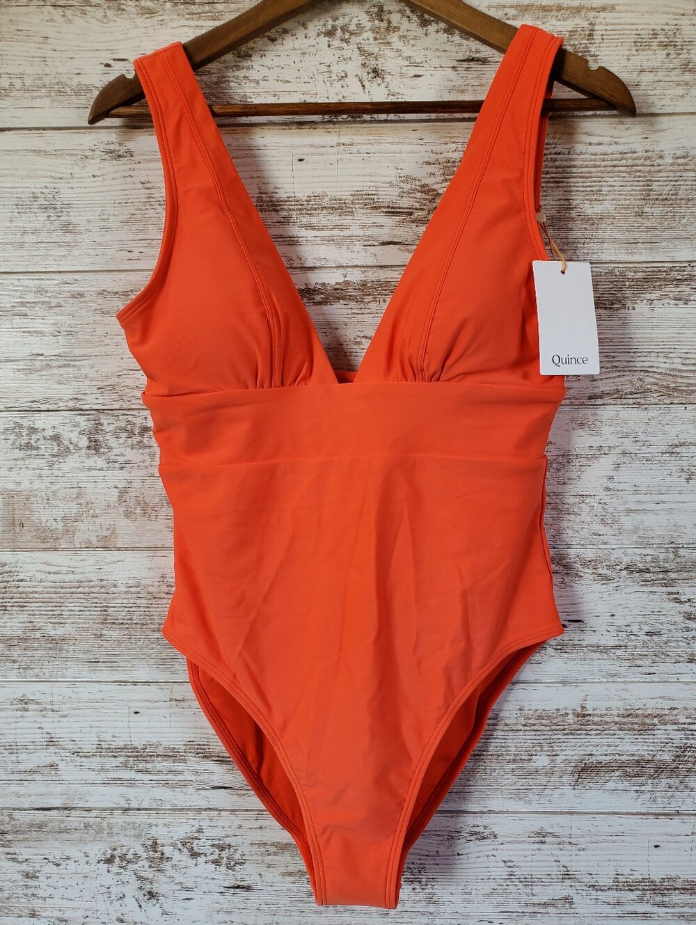 Quince Italian Plunge One-Piece Swimsuit Luxury Classic Sunset Orange Swimwear